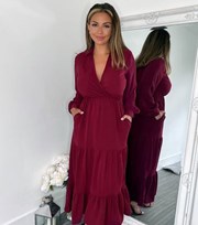 AX Paris Burgundy Collared Long Sleeve Maxi Wrap Dress